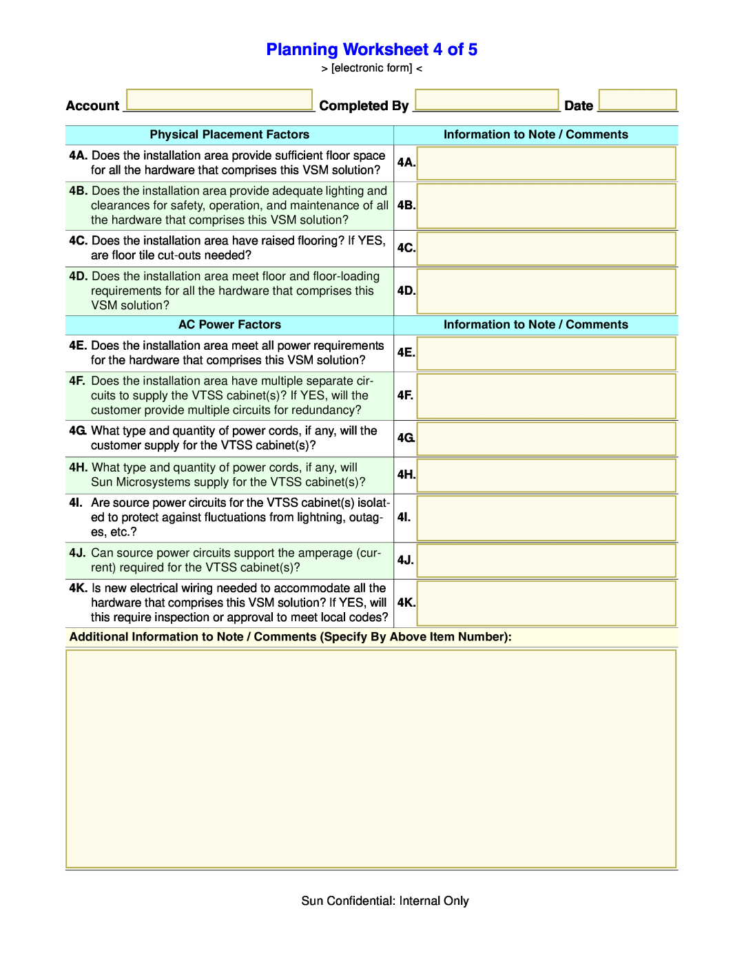 Sun Microsystems 96257 Planning Worksheet 4 of, Physical Placement Factors, AC Power Factors, Account Completed By Date 