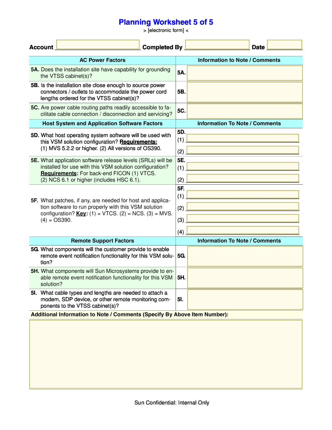 Sun Microsystems 96257 manual Planning Worksheet 5 of, Host System and Application Software Factors, Remote Support Factors 