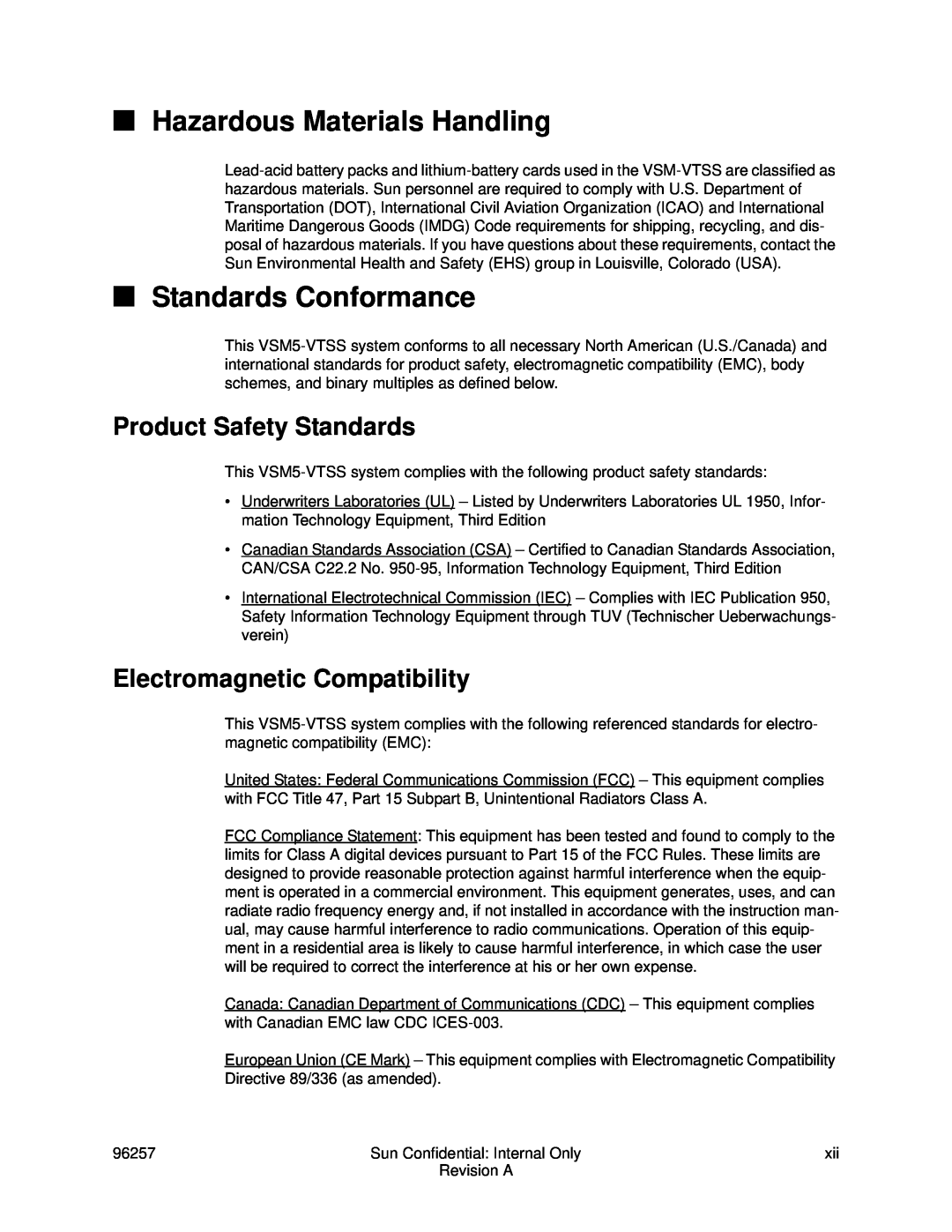 Sun Microsystems 96257 manual Hazardous Materials Handling, Standards Conformance, Product Safety Standards 