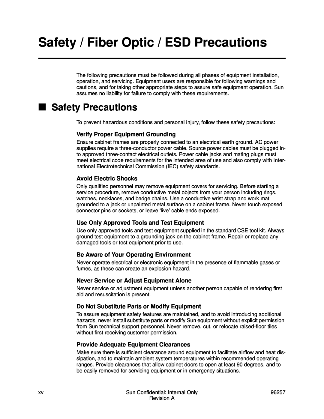 Sun Microsystems 96257 manual Safety / Fiber Optic / ESD Precautions, Safety Precautions, Verify Proper Equipment Grounding 