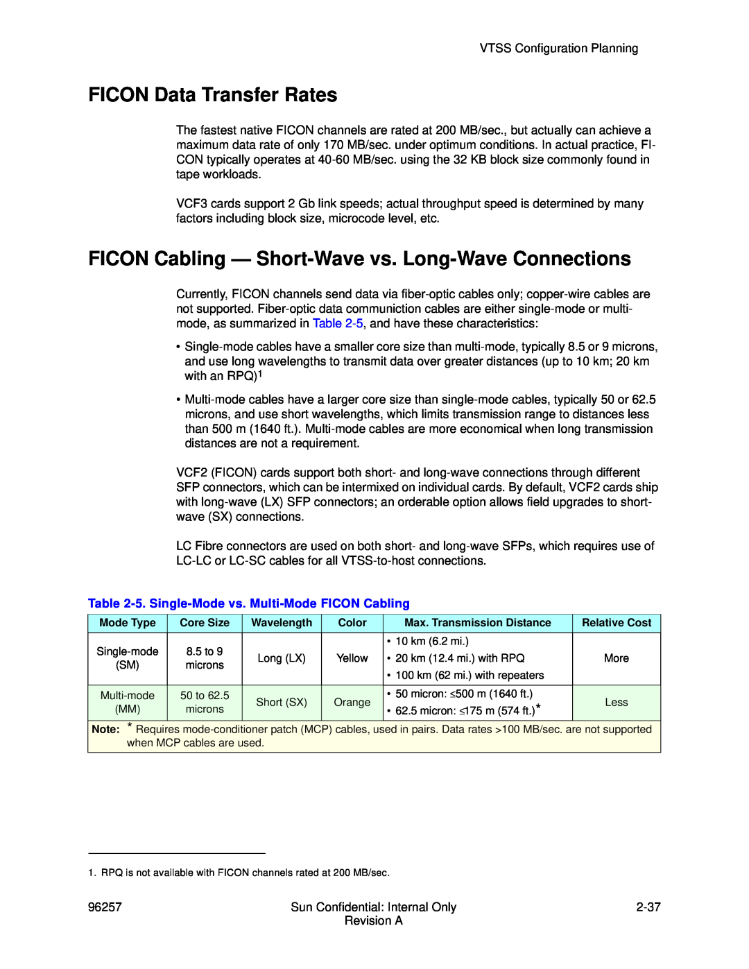 Sun Microsystems 96257 manual FICON Data Transfer Rates, FICON Cabling - Short-Wave vs. Long-Wave Connections 