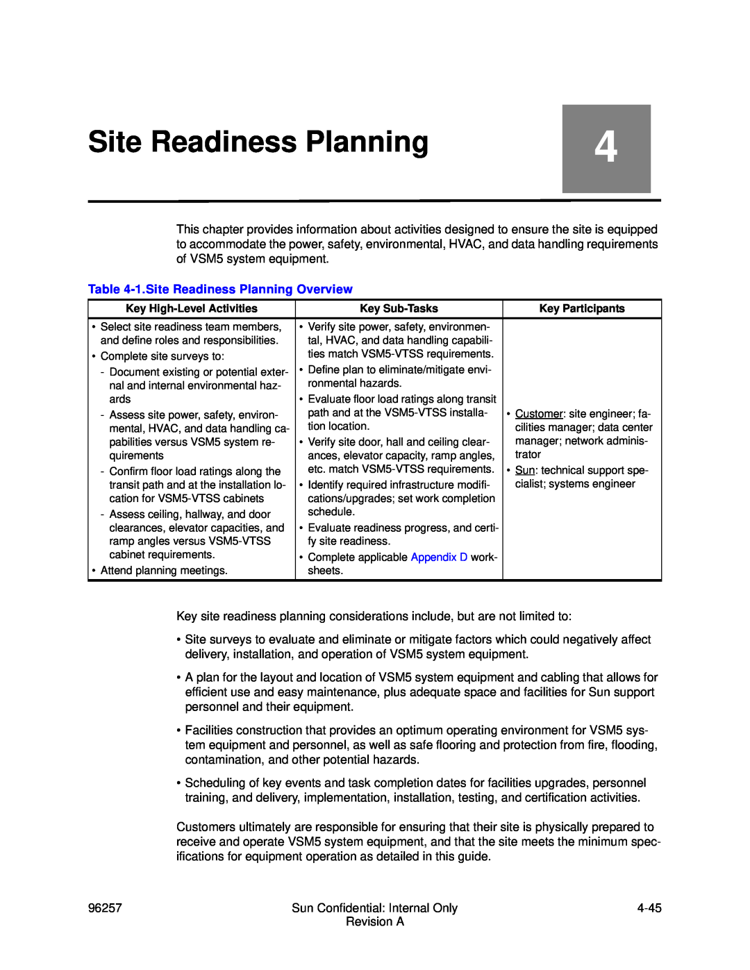 Sun Microsystems 96257 manual 1.Site Readiness Planning Overview 