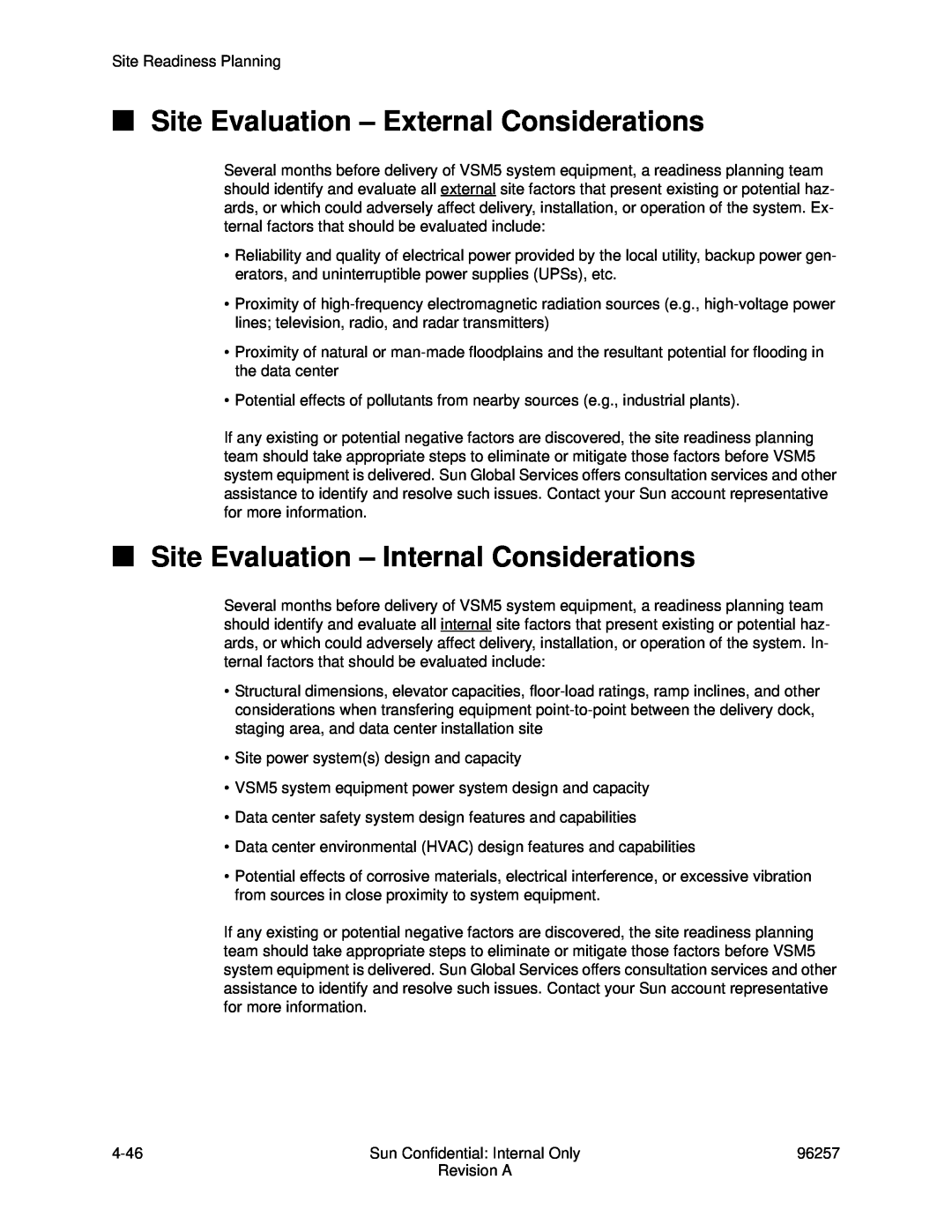 Sun Microsystems 96257 manual Site Evaluation - External Considerations, Site Evaluation - Internal Considerations 