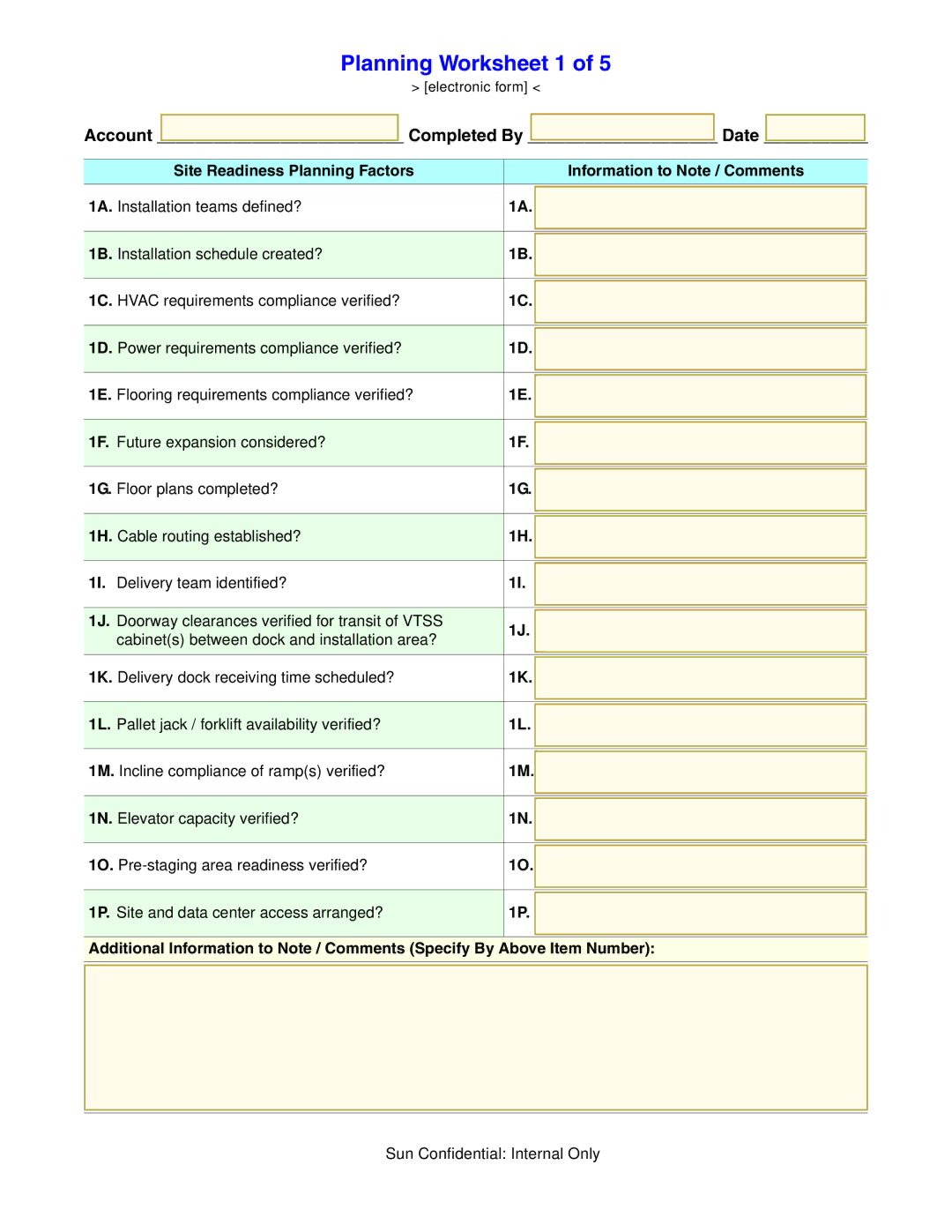 Sun Microsystems 96257 manual Planning Worksheet 1 