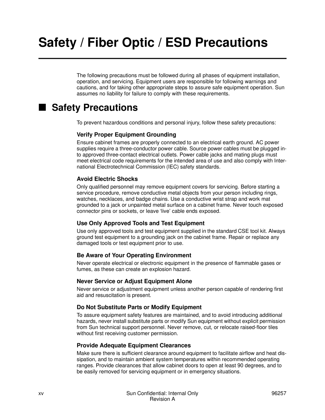 Sun Microsystems 96257 manual Safety / Fiber Optic / ESD Precautions, Safety Precautions 