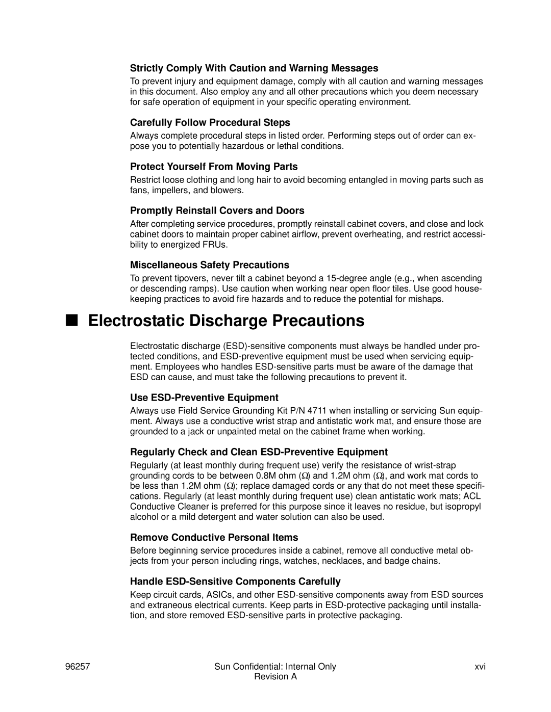 Sun Microsystems 96257 manual Electrostatic Discharge Precautions, Strictly Comply With Caution and Warning Messages 