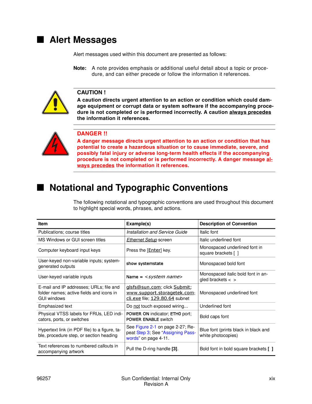 Sun Microsystems 96257 manual Alert Messages, Notational and Typographic Conventions, Examples Description of Convention 