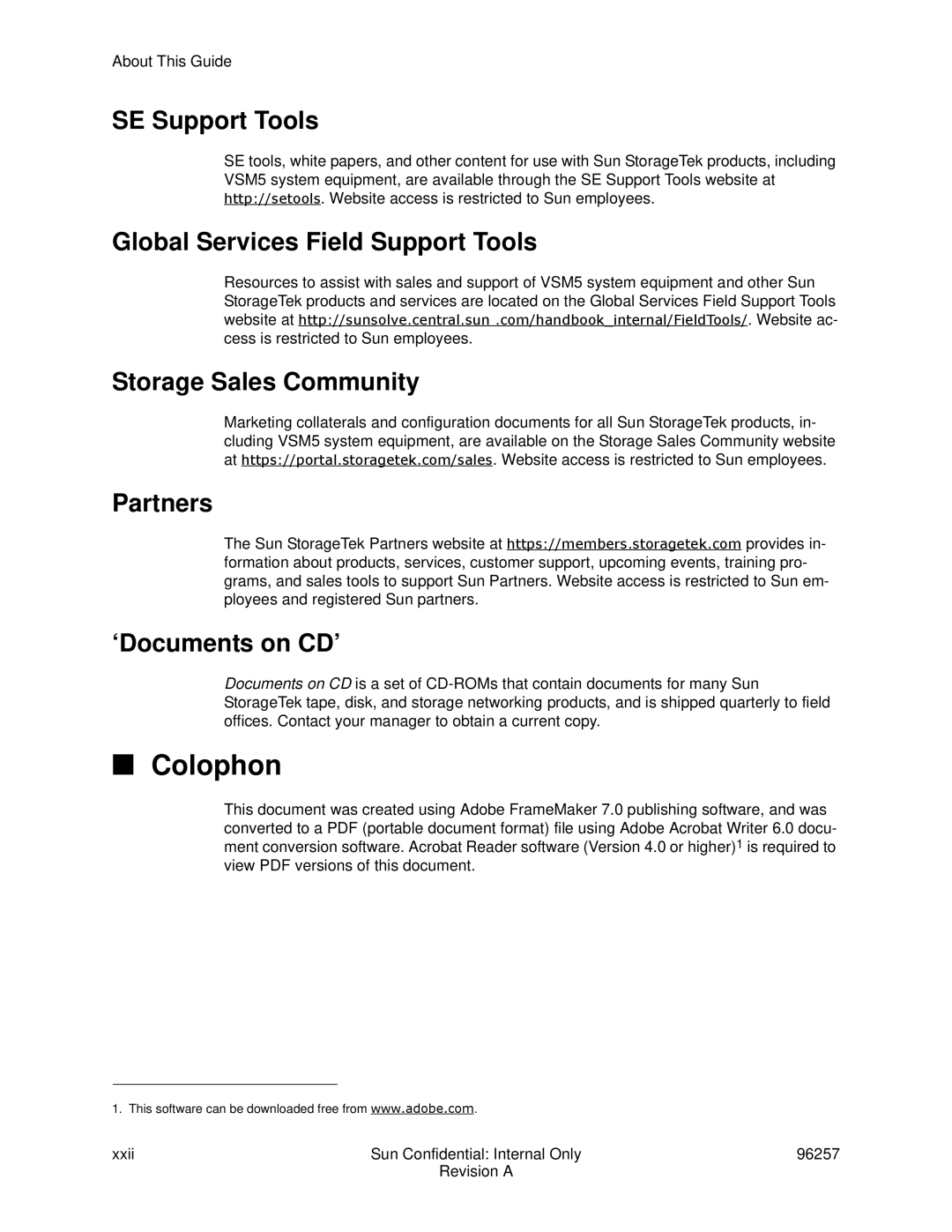 Sun Microsystems 96257 manual Colophon, SE Support Tools 