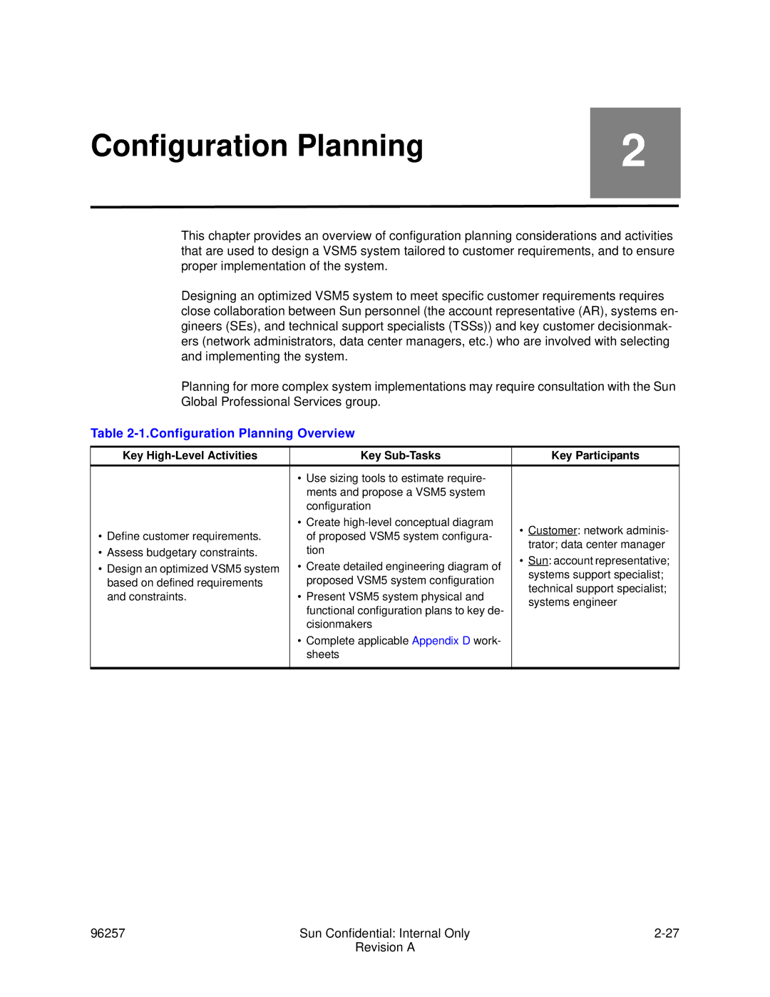 Sun Microsystems 96257 manual Configuration Planning Overview, Key High-Level Activities Key Sub-Tasks Key Participants 