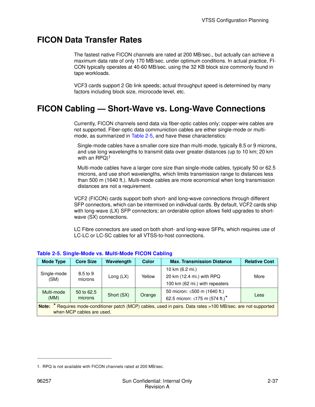 Sun Microsystems 96257 manual Ficon Data Transfer Rates, Ficon Cabling Short-Wave vs. Long-Wave Connections 