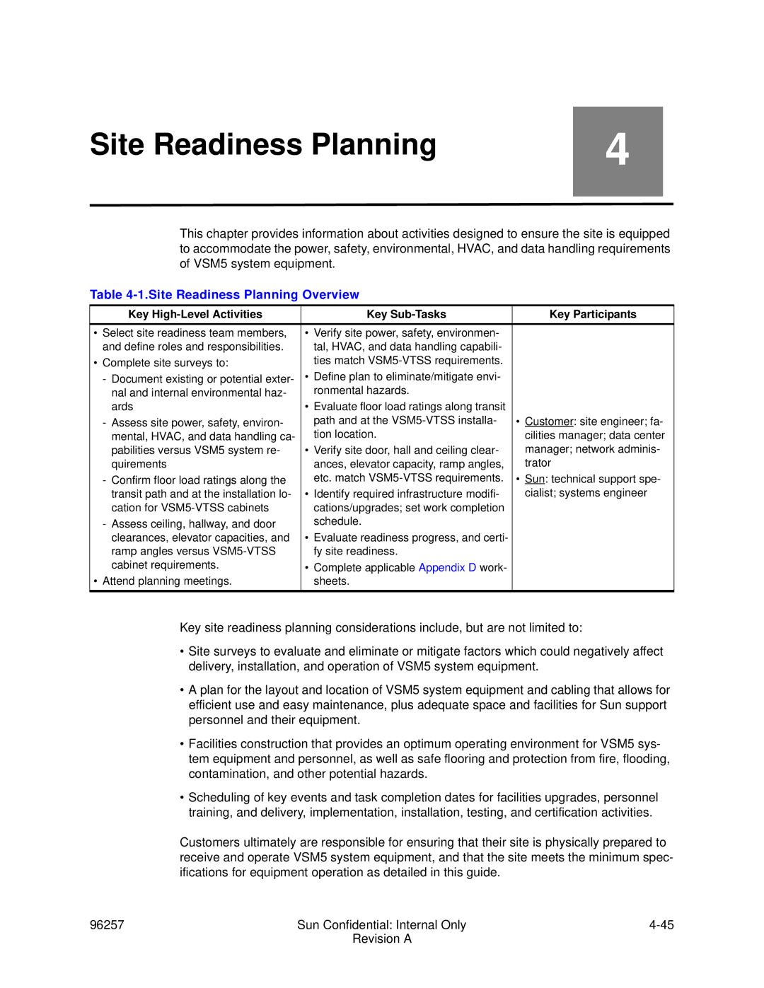 Sun Microsystems 96257 manual Site Readiness Planning Overview 