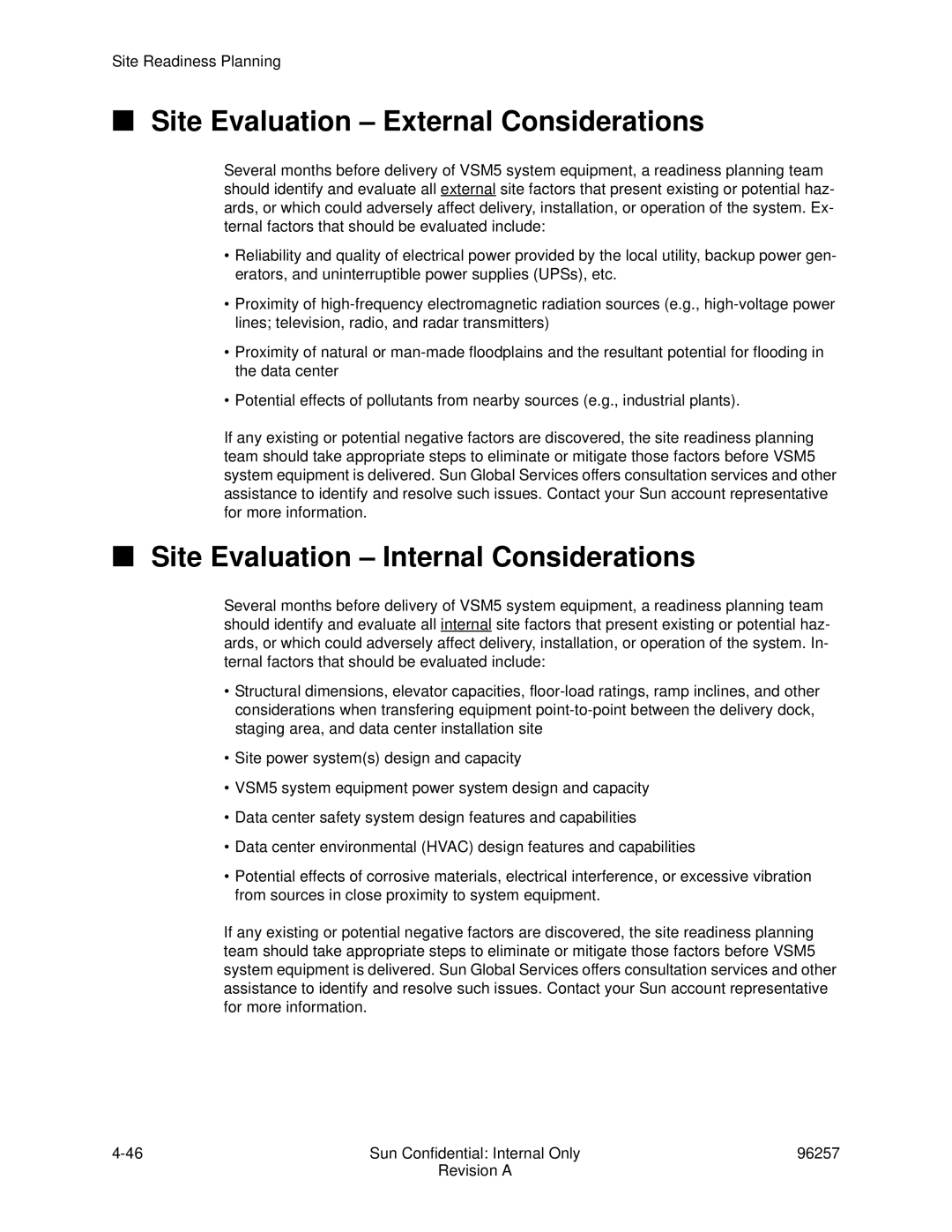 Sun Microsystems 96257 manual Site Evaluation External Considerations, Site Evaluation Internal Considerations 