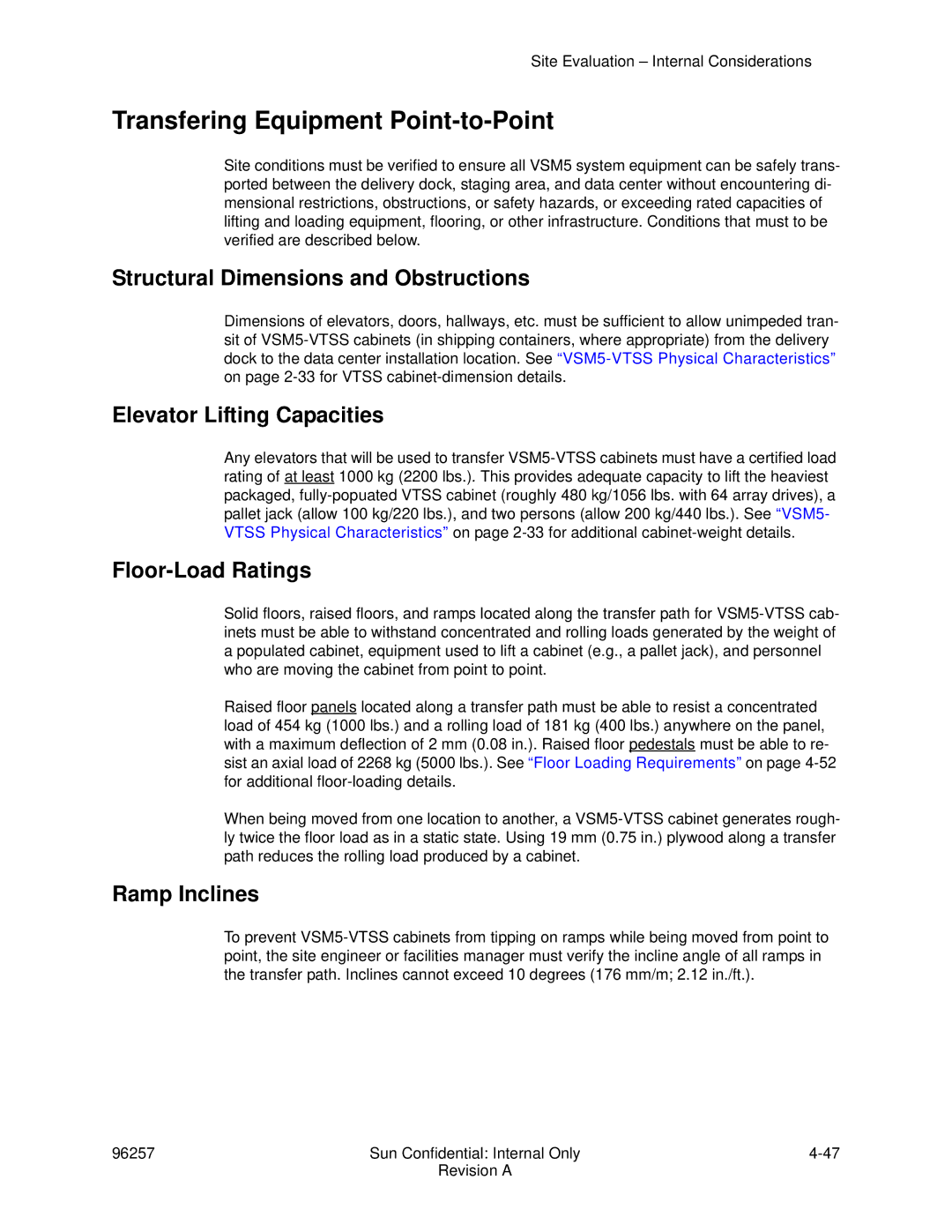 Sun Microsystems 96257 manual Transfering Equipment Point-to-Point, Structural Dimensions and Obstructions 