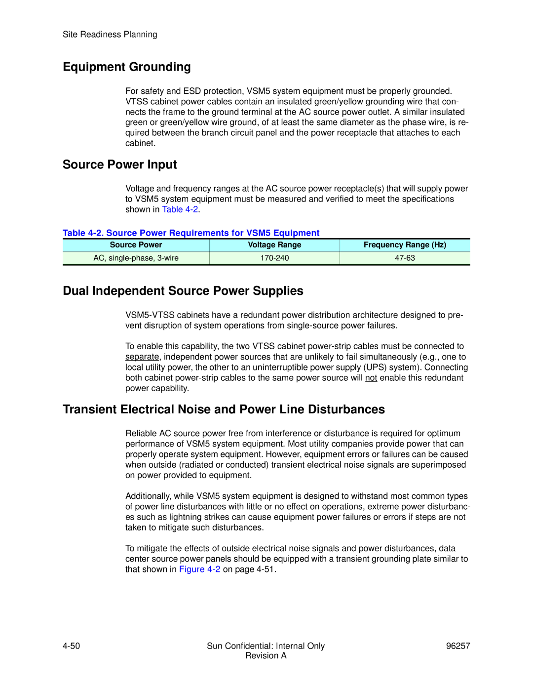 Sun Microsystems 96257 manual Source Power Requirements for VSM5 Equipment, Source Power Voltage Range Frequency Range Hz 