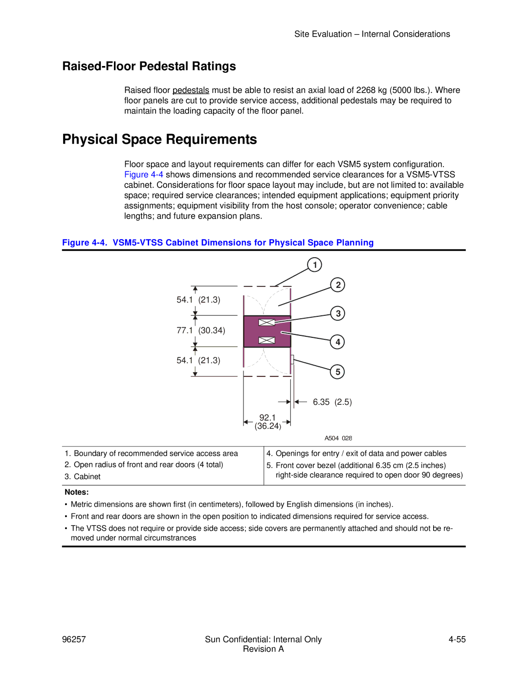 Sun Microsystems 96257 manual Physical Space Requirements, VSM5-VTSS Cabinet Dimensions for Physical Space Planning 