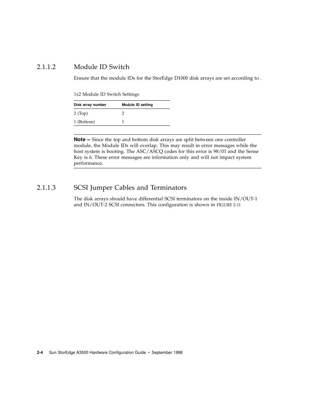 Sun Microsystems A3500 manual Scsi Jumper Cables and Terminators, 1x2 Module ID Switch Settings 