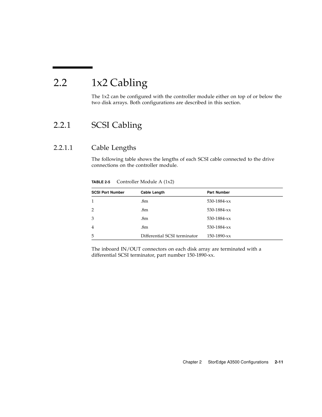 Sun Microsystems A3500 manual 1x2 Cabling, Scsi Cabling, Cable Lengths, 5Controller Module a 