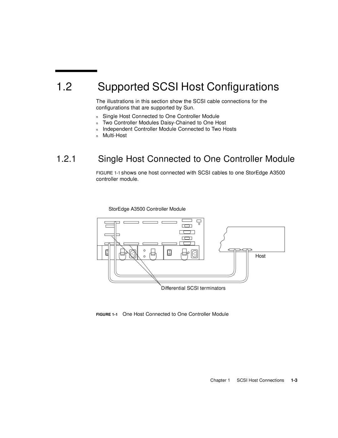 Sun Microsystems A3500FC manual Supported Scsi Host Configurations, Single Host Connected to One Controller Module 