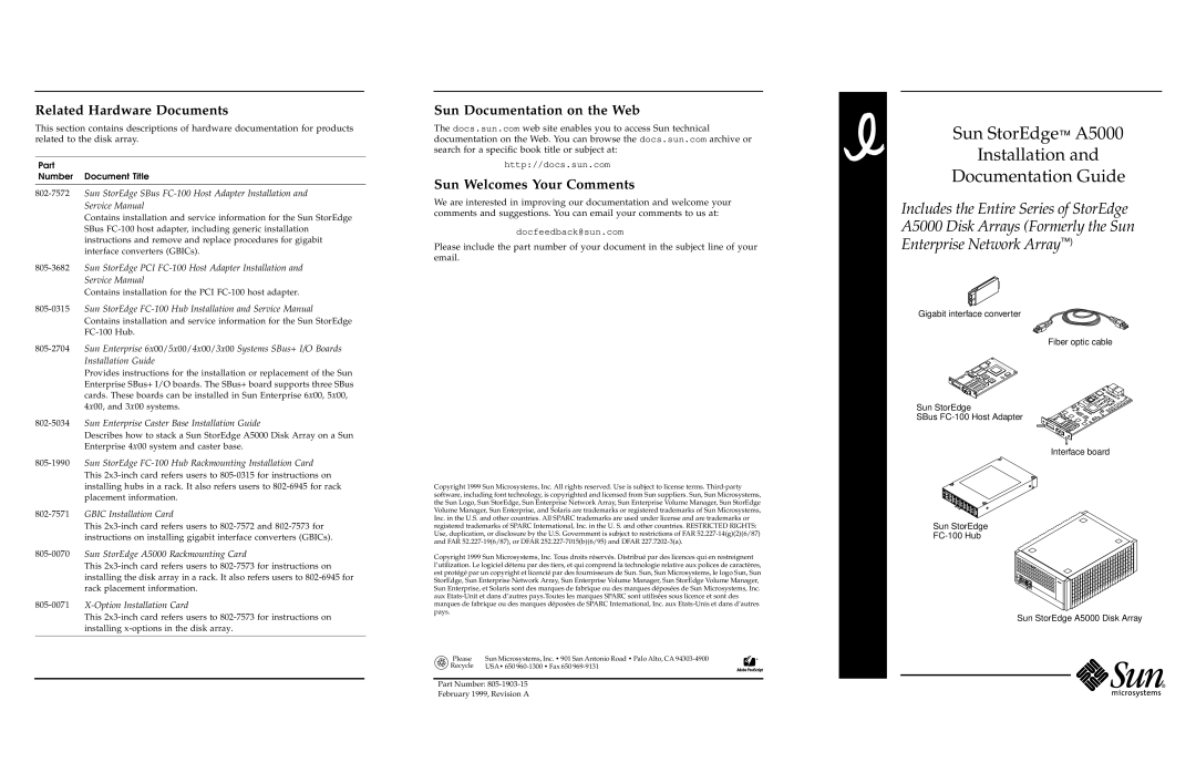 Sun Microsystems A5000 service manual Related Hardware Documents, Sun Documentation on the Web, Sun Welcomes Your Comments 