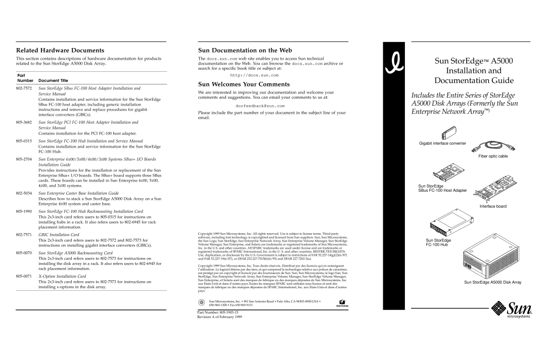 Sun Microsystems A5000 service manual Related Hardware Documents, Sun Documentation on the Web, Sun Welcomes Your Comments 