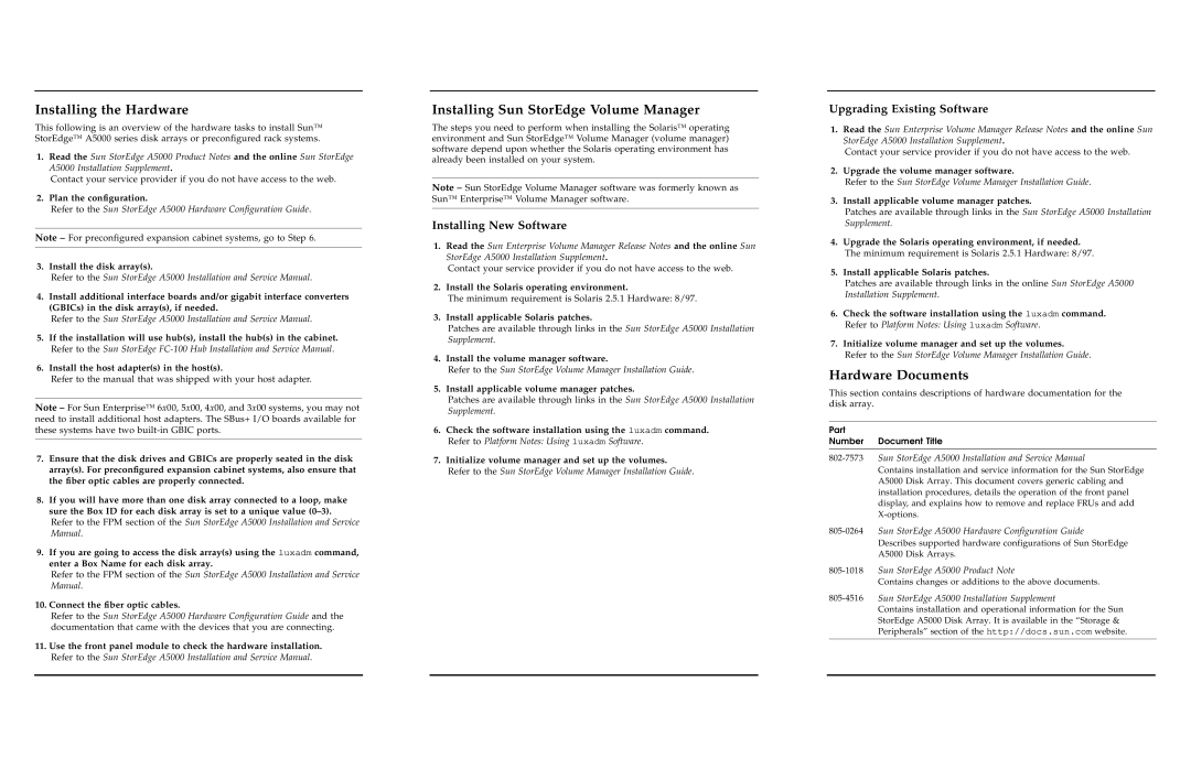 Sun Microsystems A5000 service manual Installing the Hardware, Installing Sun StorEdge Volume Manager, Hardware Documents 