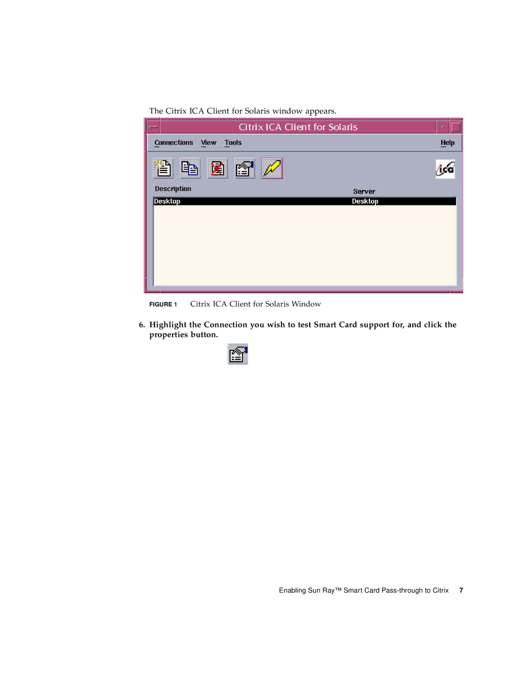 Sun Microsystems Smart Cards, and Citrix manual Citrix ICA Client for Solaris window appears 
