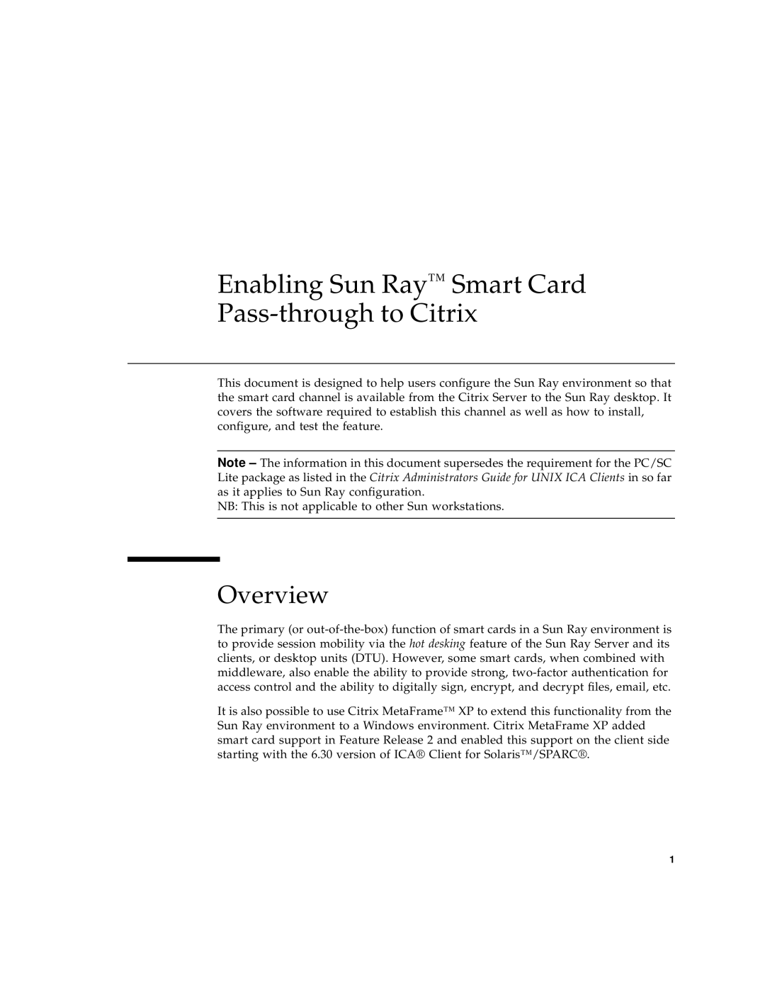 Sun Microsystems Smart Cards, and Citrix manual Enabling Sun Ray Smart Card Pass-through to Citrix, Overview 