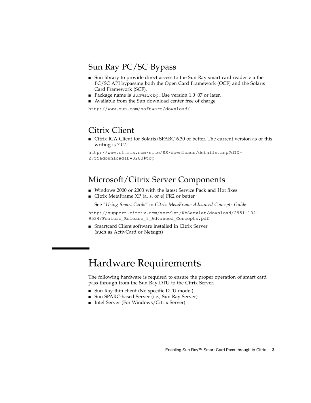 Sun Microsystems Smart Cards, and Citrix manual Hardware Requirements, Sun Ray PC/SC Bypass, Citrix Client 