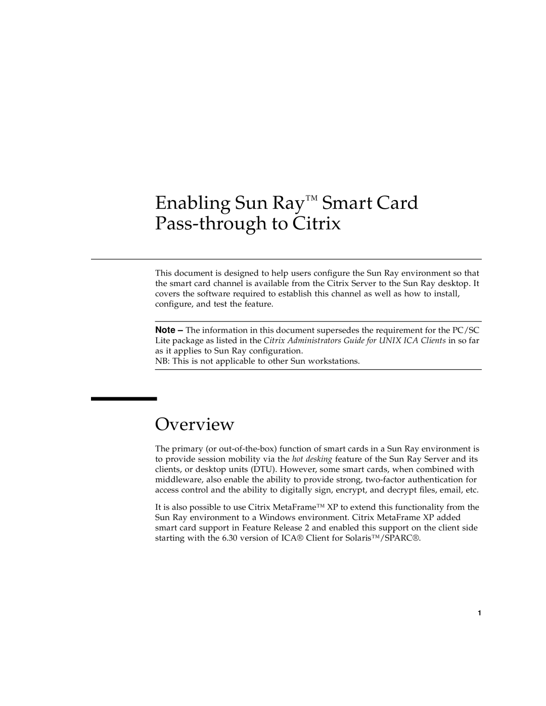 Sun Microsystems Smart Cards, and Citrix manual Overview, Enabling Sun Ray Smart Card Pass-through to Citrix 