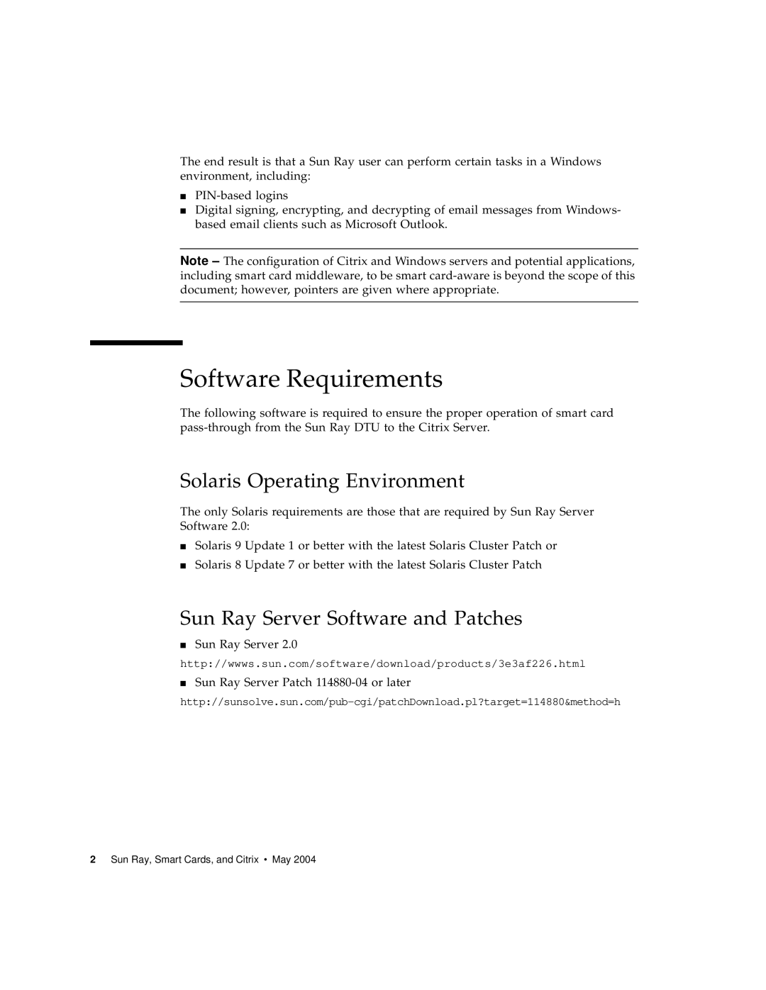 Sun Microsystems and Citrix Software Requirements, Solaris Operating Environment, Sun Ray Server Software and Patches 