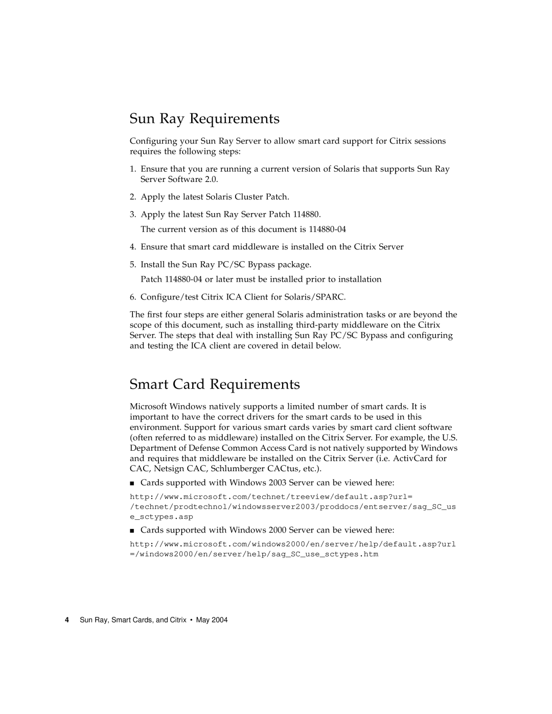 Sun Microsystems and Citrix, Smart Cards manual Sun Ray Requirements, Smart Card Requirements 
