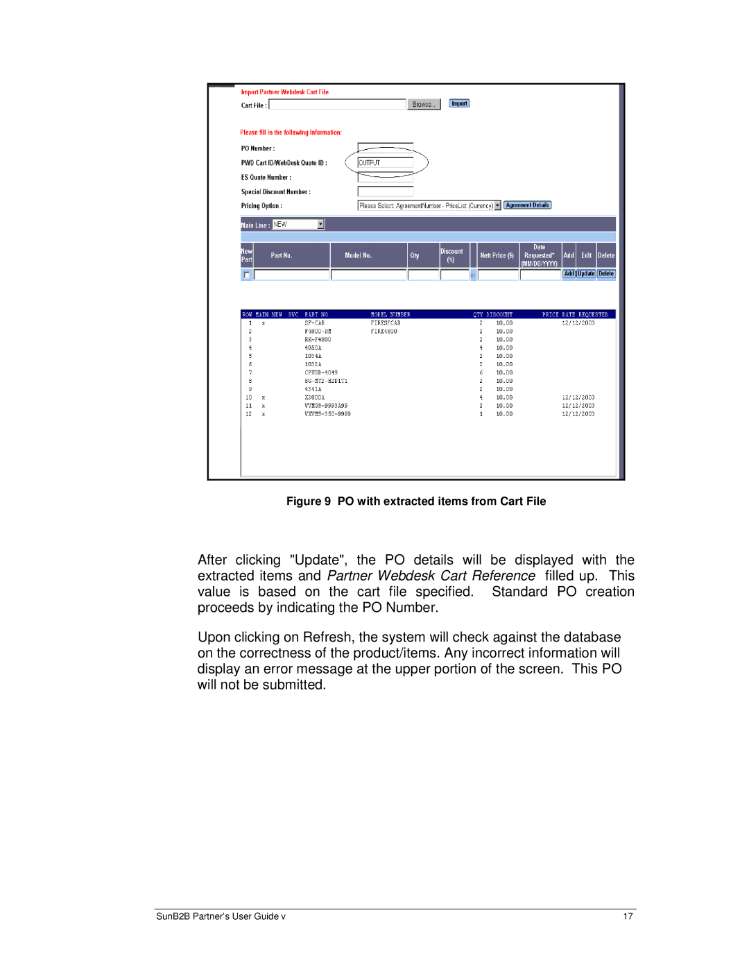 Sun Microsystems B2B manual PO with extracted items from Cart File 