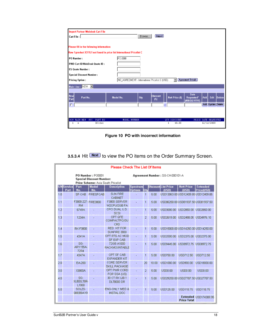 Sun Microsystems B2B manual Hit to view the PO items on the Order Summary Screen 