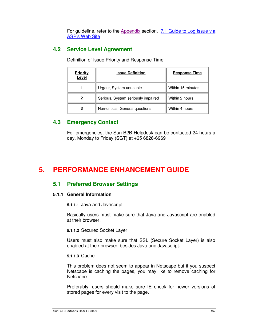 Sun Microsystems B2B manual Service Level Agreement, Emergency Contact, Preferred Browser Settings, General Information 