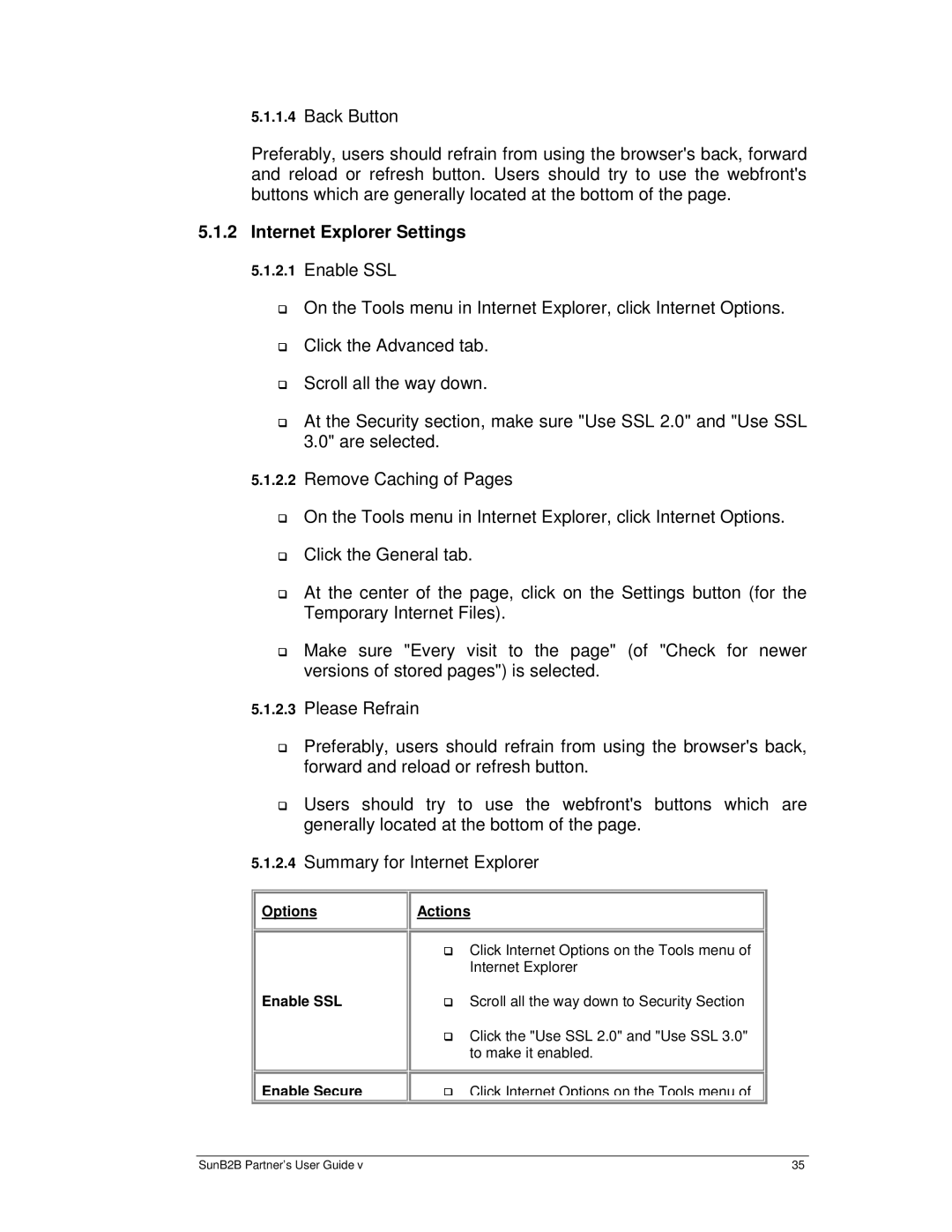 Sun Microsystems B2B manual Internet Explorer Settings, Options Actions Enable SSL Enable Secure 