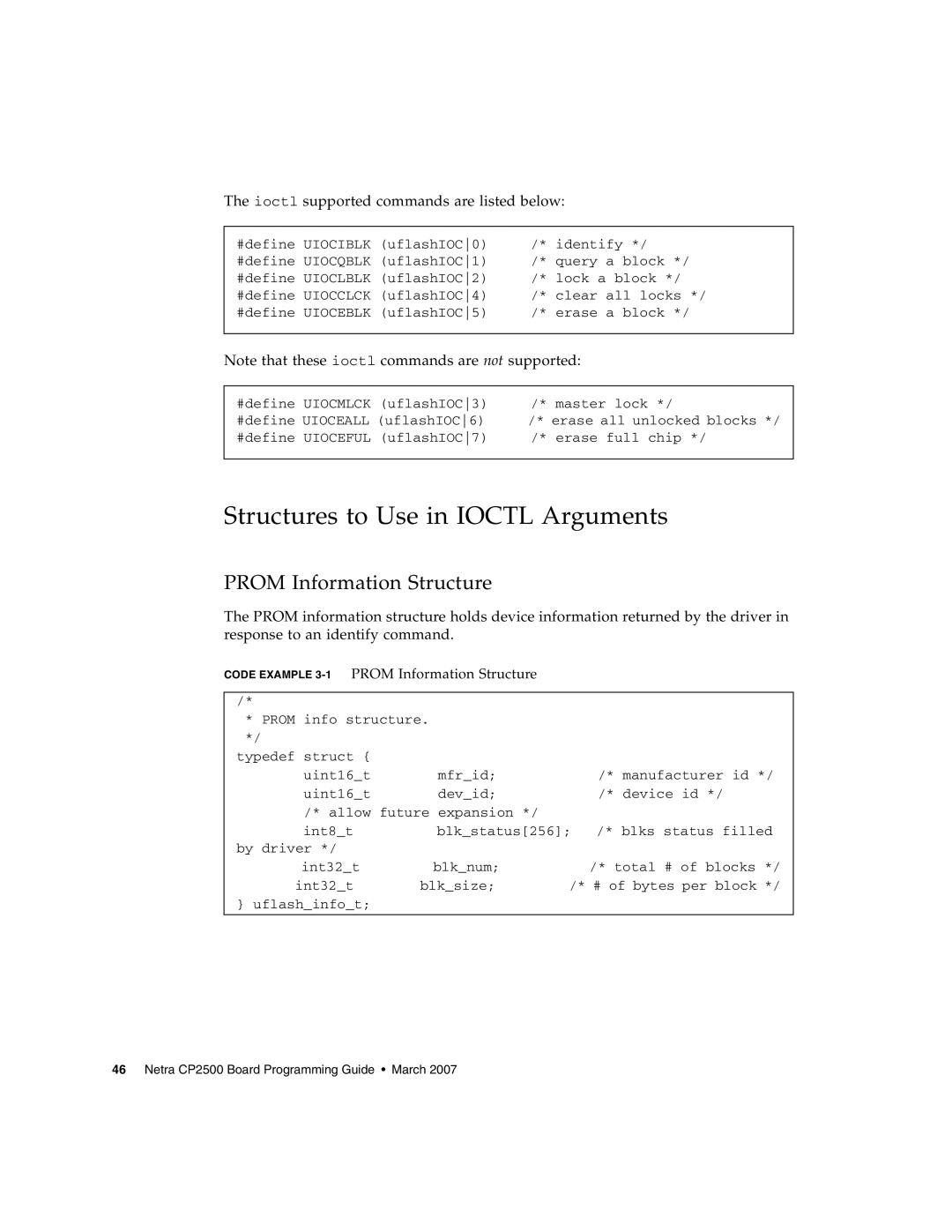 Sun Microsystems CP2500 manual Structures to Use in Ioctl Arguments, Code Example 3-1PROM Information Structure 