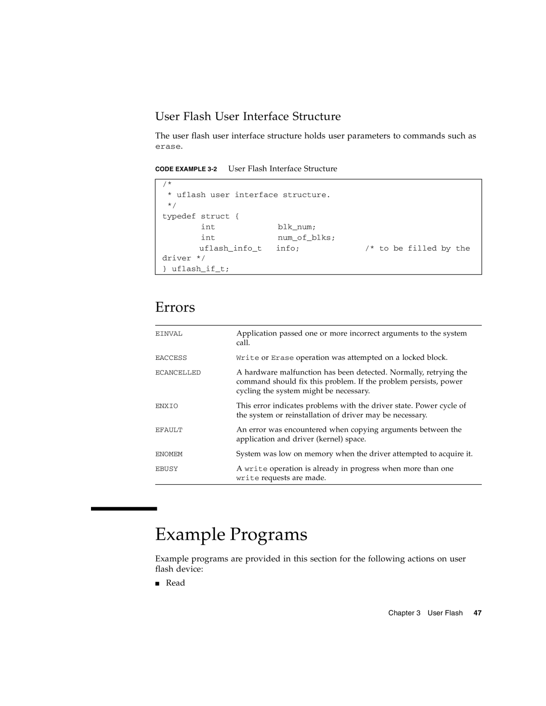 Sun Microsystems CP2500 manual Example Programs, Errors, Code Example 3-2User Flash Interface Structure 