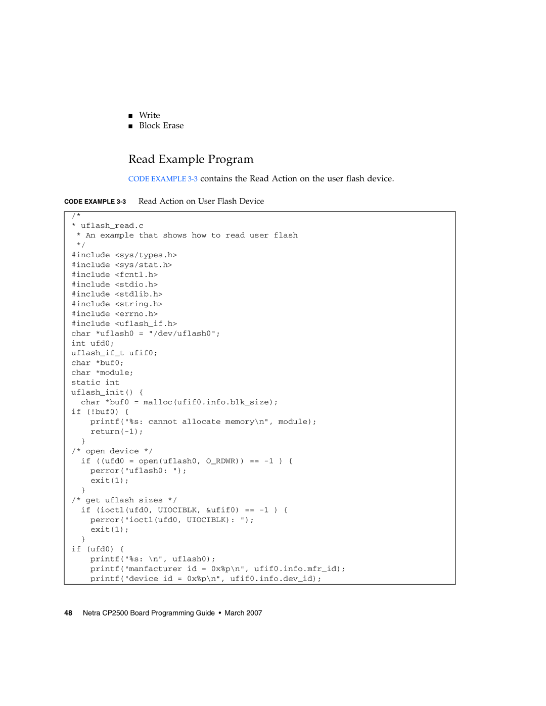 Sun Microsystems CP2500 manual Read Example Program, Code Example 3-3Read Action on User Flash Device 