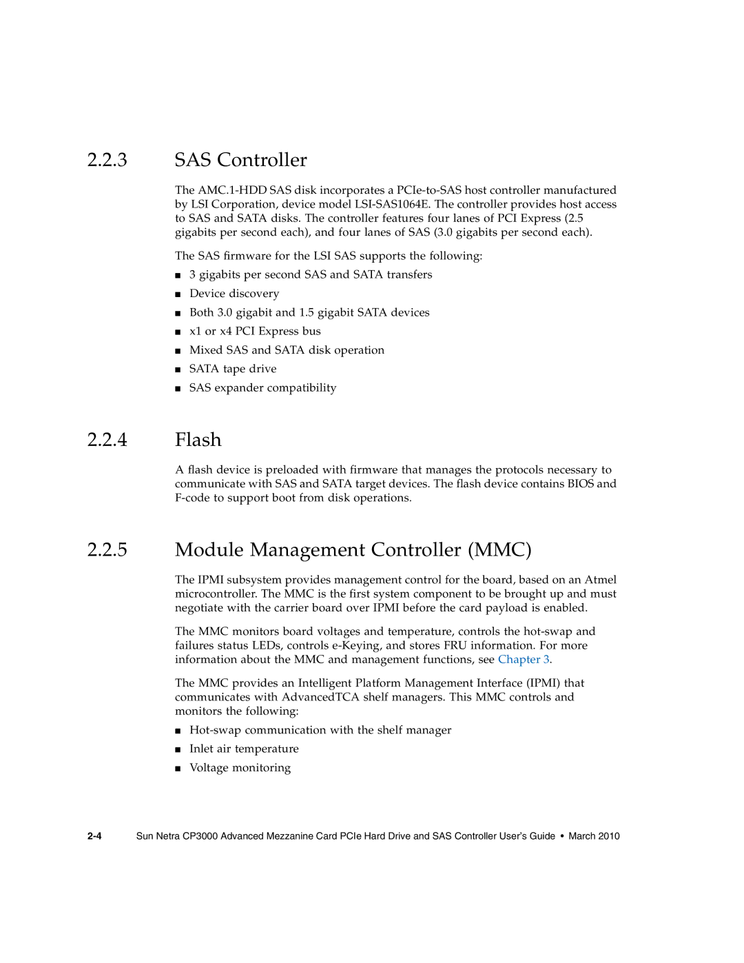 Sun Microsystems CP3000 manual SAS Controller, Flash, Module Management Controller MMC 