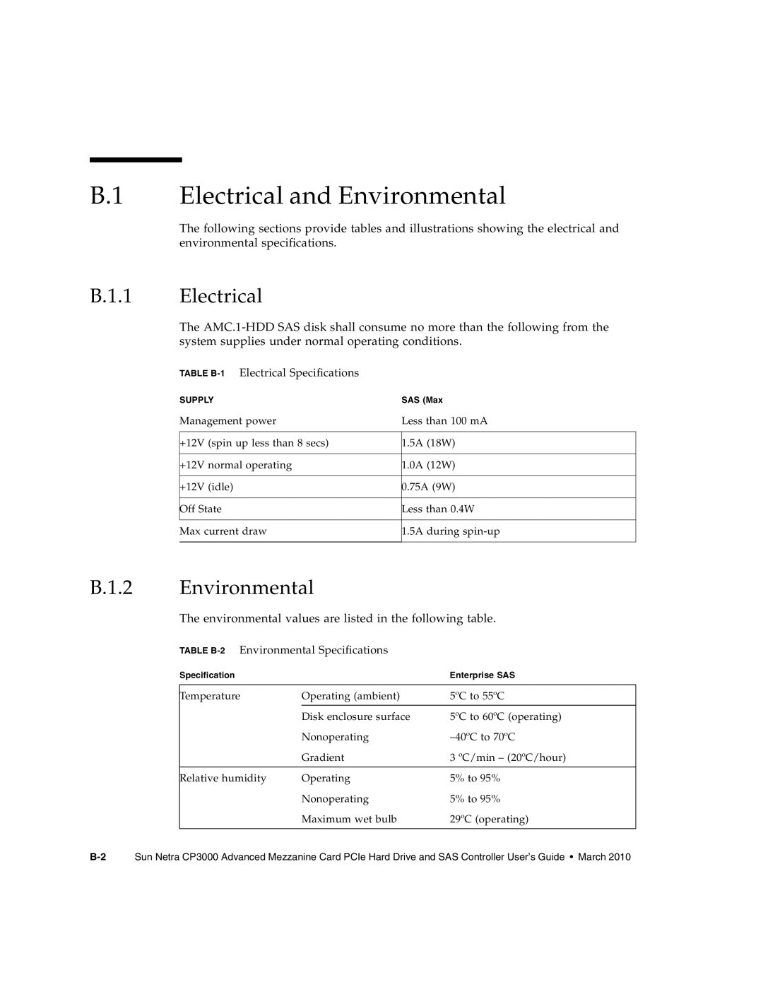 Sun Microsystems CP3000 manual Electrical and Environmental, Table B-1Electrical Specifications 