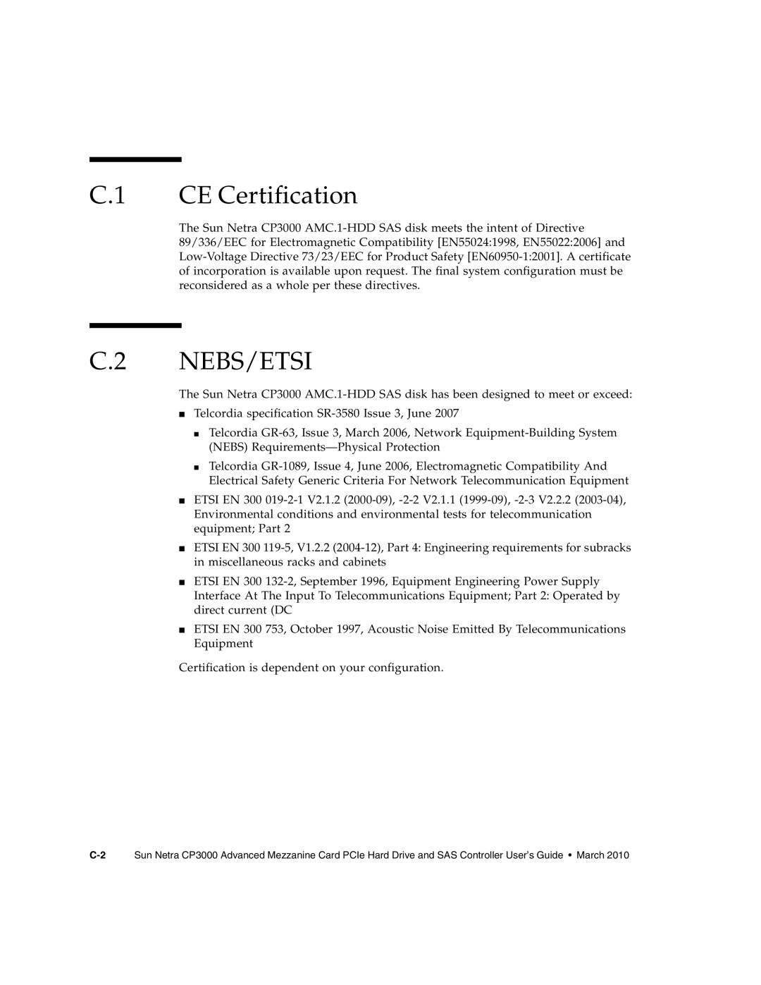 Sun Microsystems CP3000 manual CE Certification, Nebs/Etsi 