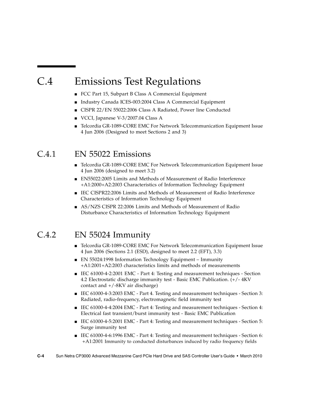 Sun Microsystems CP3000 manual Emissions Test Regulations, 1 EN 55022 Emissions, 2 EN 55024 Immunity 