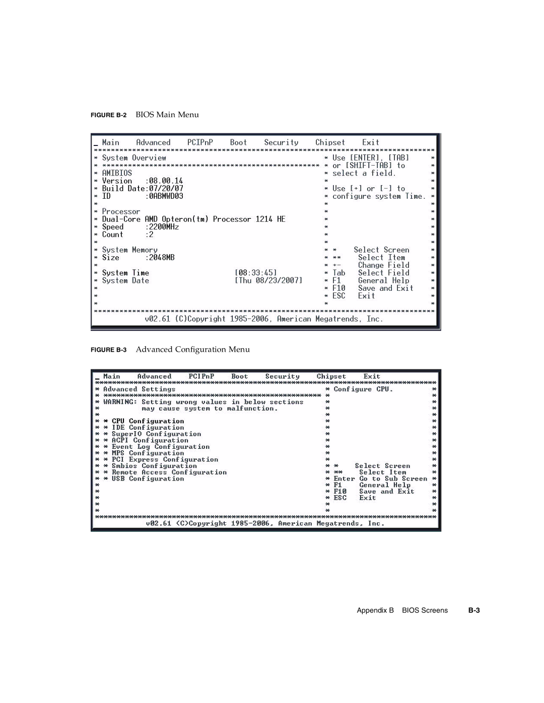 Sun Microsystems CP3220 manual Bios Main Menu Advanced Configuration Menu, Figure B-2 