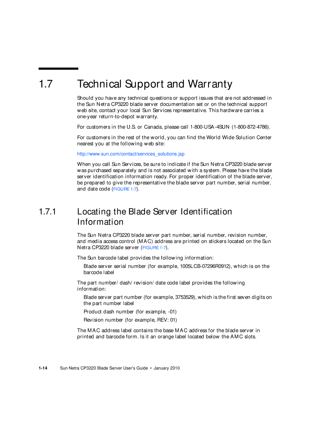 Sun Microsystems CP3220 manual Technical Support and Warranty, Locating the Blade Server Identification Information 