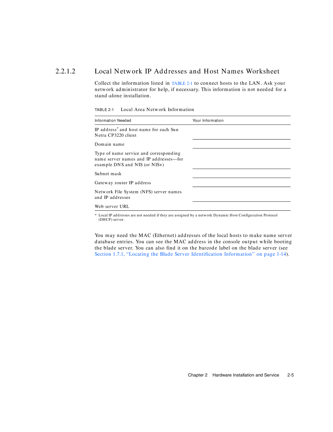 Sun Microsystems CP3220 manual Local Network IP Addresses and Host Names Worksheet, 1Local Area Network Information 