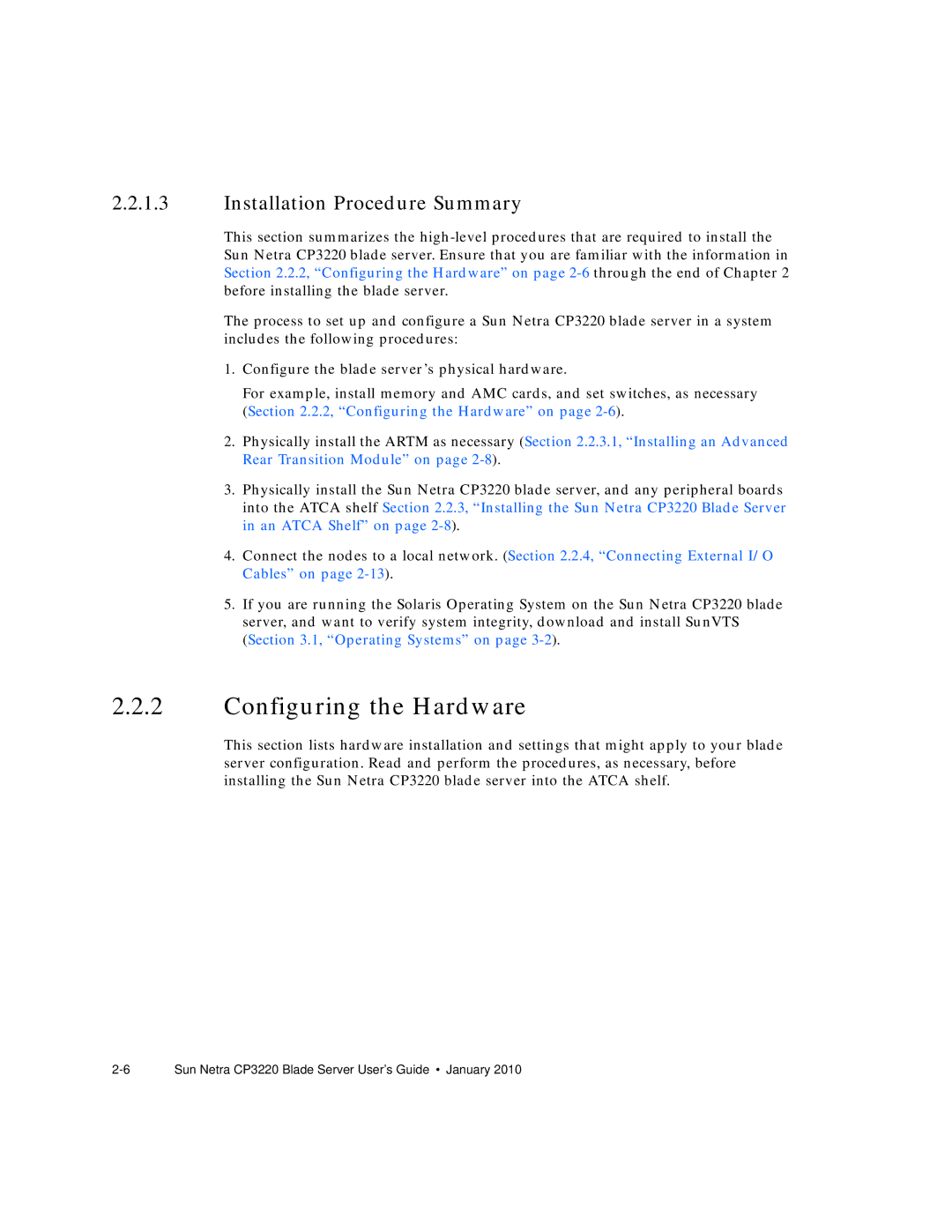 Sun Microsystems CP3220 manual Configuring the Hardware, Installation Procedure Summary 