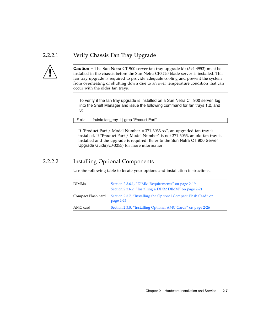 Sun Microsystems CP3220 manual Verify Chassis Fan Tray Upgrade, Installing Optional Components 