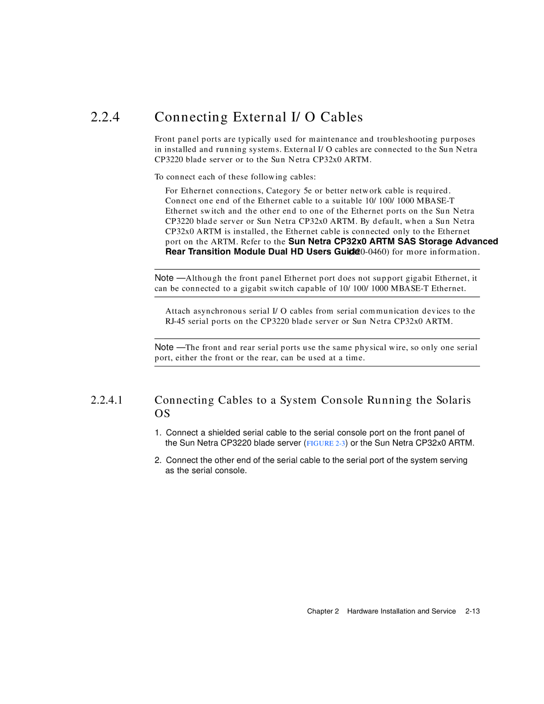 Sun Microsystems CP3220 manual Connecting External I/O Cables, Connecting Cables to a System Console Running the Solaris 