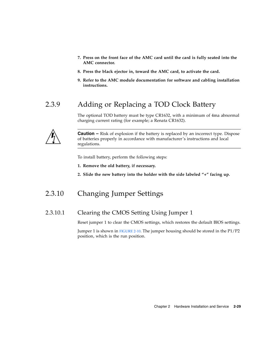 Sun Microsystems CP3220 manual Adding or Replacing a TOD Clock Battery, Changing Jumper Settings 