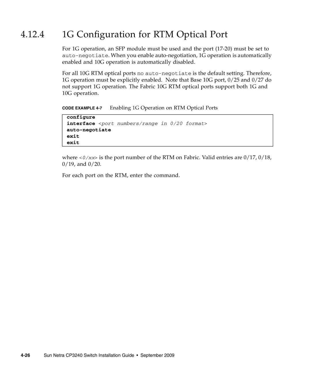 Sun Microsystems CP3240 manual 4.12.4 1G Configuration for RTM Optical Port, configure, auto-negotiate exit exit 